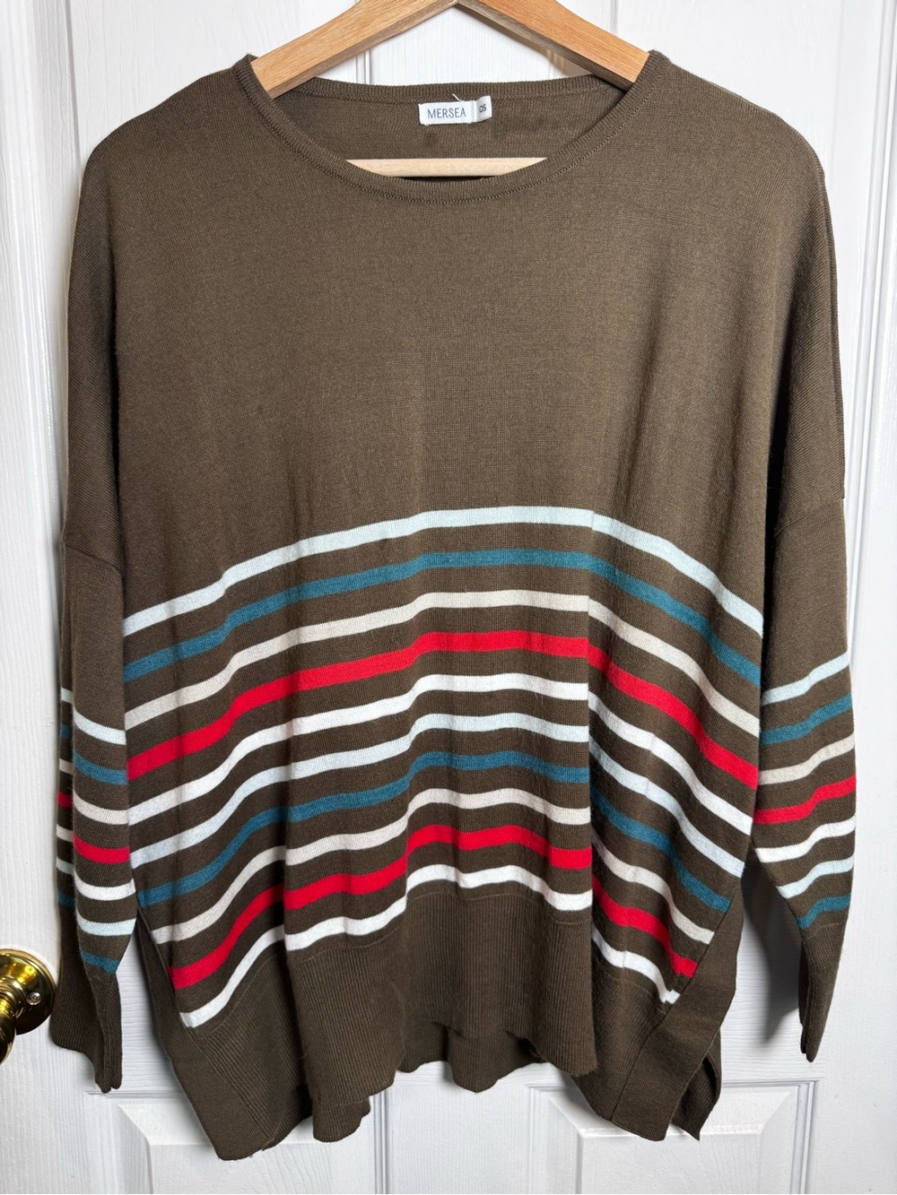 Mersea OS Brown Striped Sweater Red Heart Elbow Patch Oversized Coastal